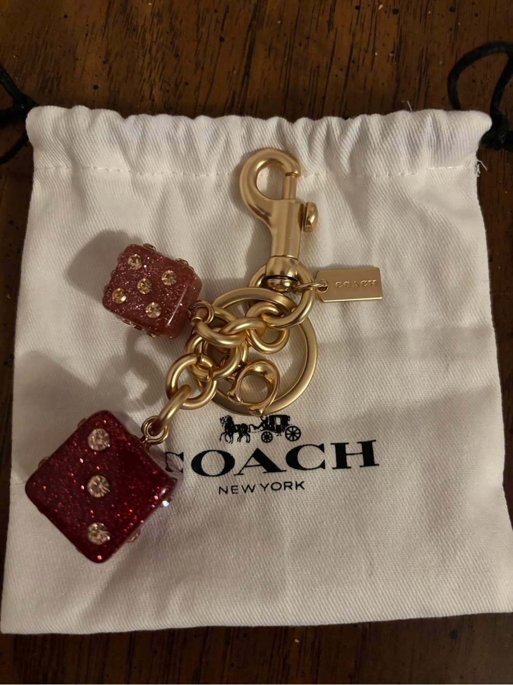 Coach Gold-Tone Keyring with Red Glitter Dice Charms - Picture 2 of 5
